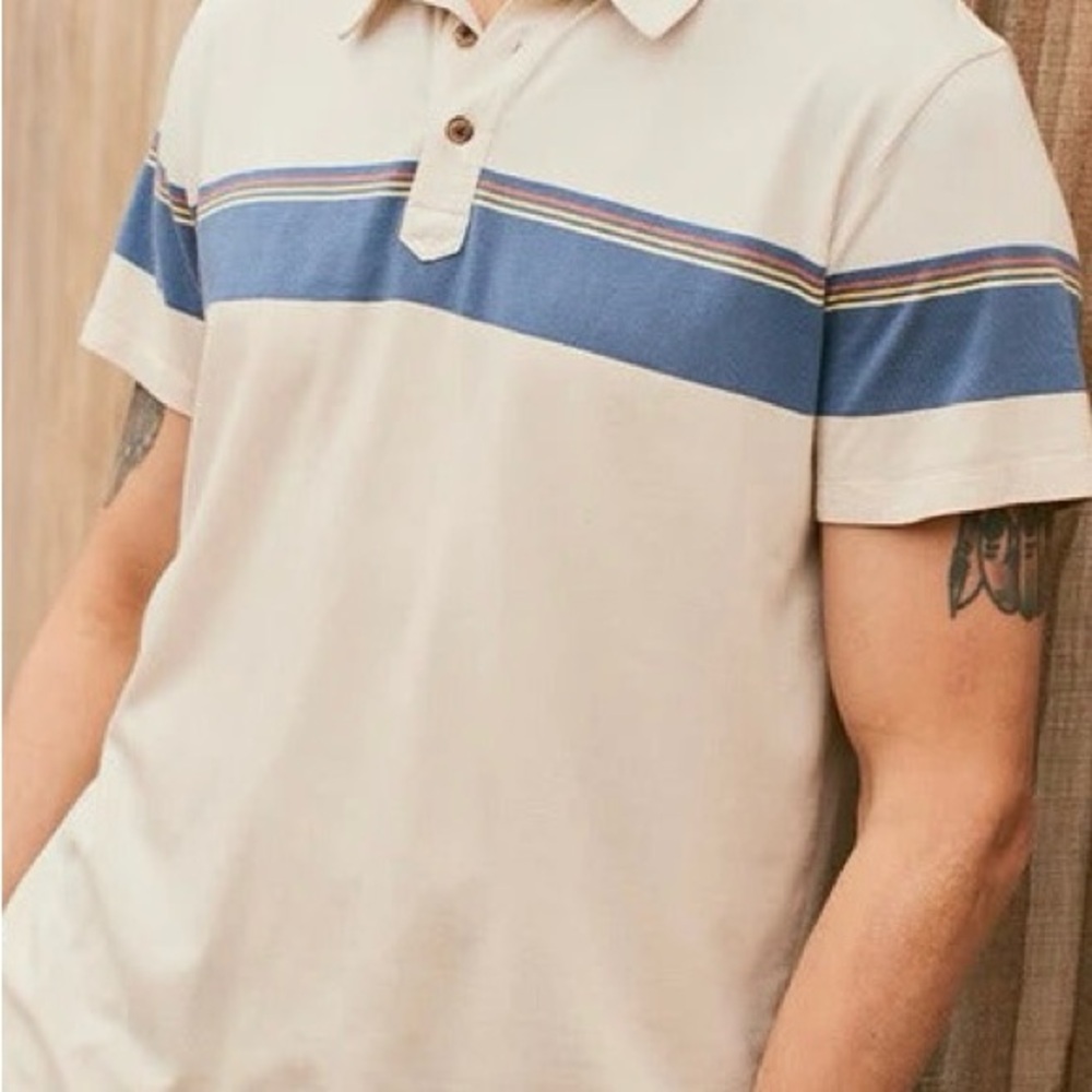 (Xxl) Marine Layer Beige Polo with Blue Stripe